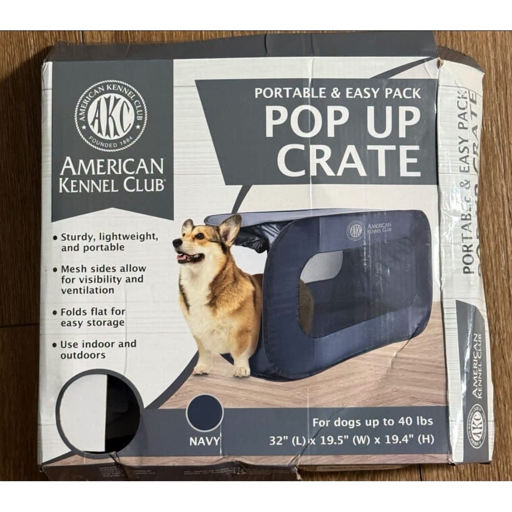 American Kennel Club AKC Portable Pop Up Crate Navy Blue Pet Travel Kennel 32in